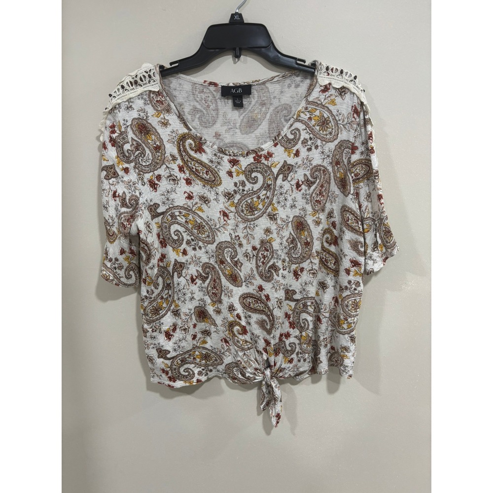 AGB Paisley Boho Top L Crochet Shoulder Tie Front‎ Cottagecore Peasant Blouse
